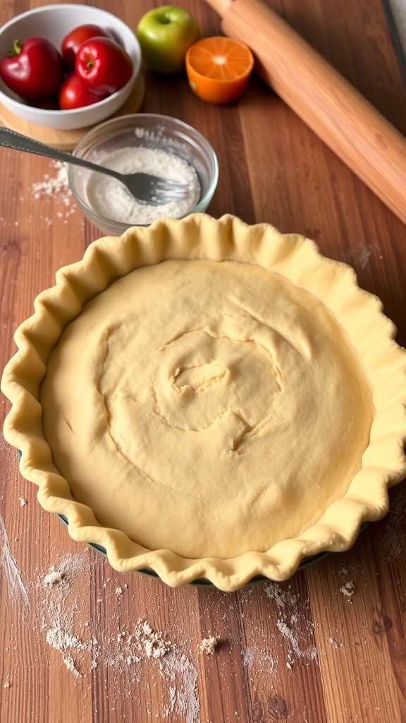 Golden brown vegan pie crust in a dish, surrounded by fresh fruits and a rolling pin.